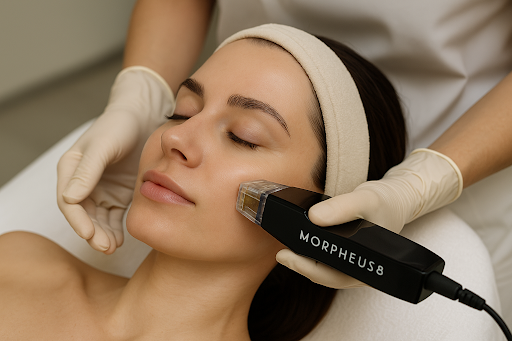 Morpheus8 device performing microneedling and radiofrequency treatment on a client’s face.