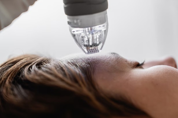 Radio frequency microneedling device close-up during facial skin treatment.