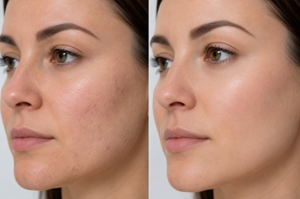 Smooth facial skin results after radio frequency microneedling treatment sessions.