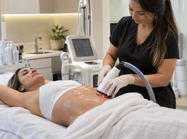 Laser lipo body sculpting treatment focused on the abdomen during a body contouring session.